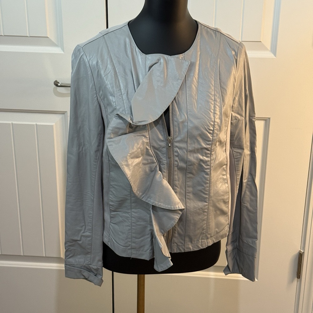 Kut From The Kloth Dahliana Moto Jacket Gray Ruffle Faux Leather Medium NEW - Picture 1 of 10